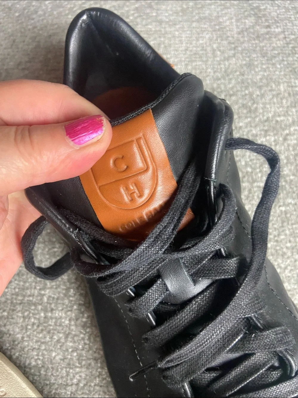 Cole Haan Black Leather Lace-Up Sneakers with Tan Heel Accent size 11.5 M